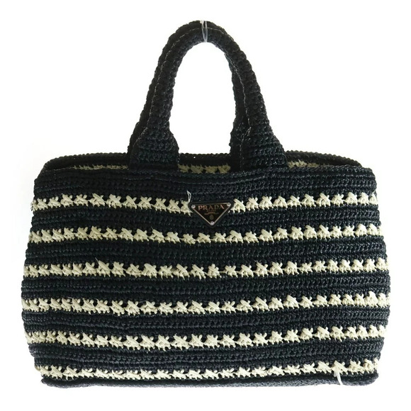 Prada Handbags - PRADA Canapa Raffia Triangle Logo Plate Basket Hand Tote Bag Black White